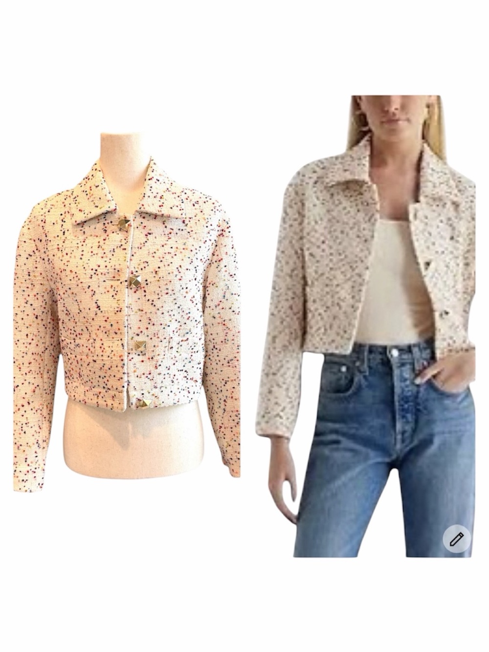 Express Cropped Confetti Tweed Boucle Jacket - Cream with Multicolor Speckles S